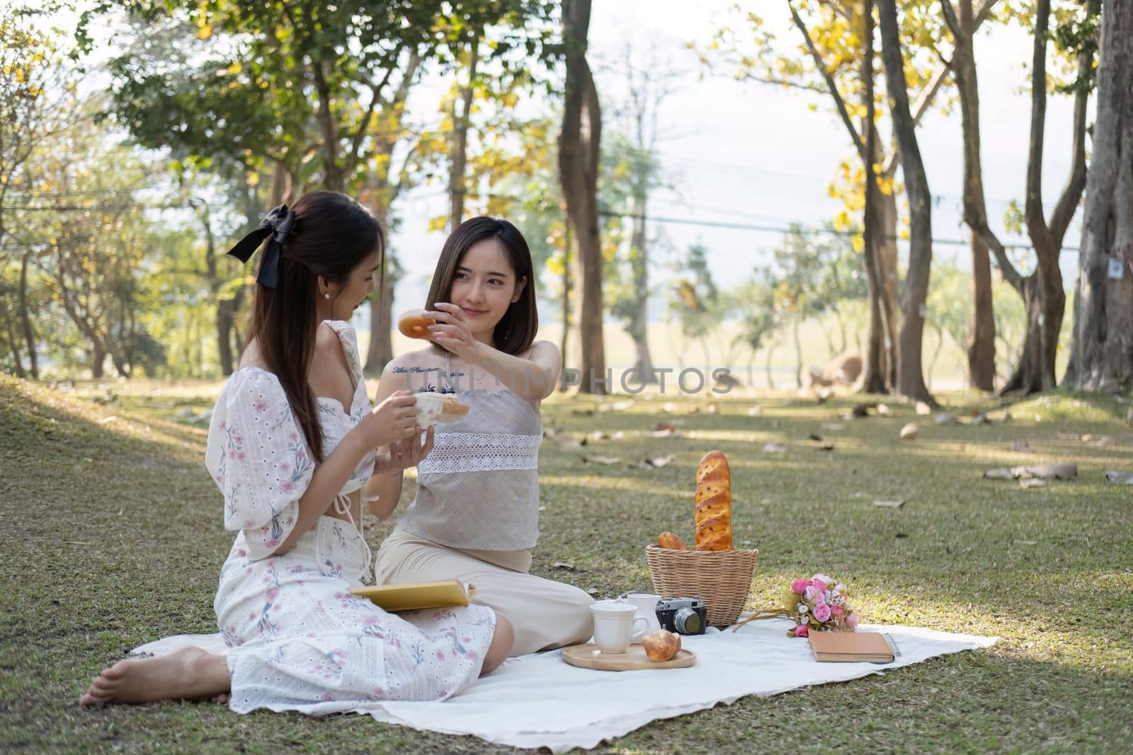 Two charming Asian women in beautiful dresses sitting on picnic cloth, having an tea picnic party together in the garden by nateemee