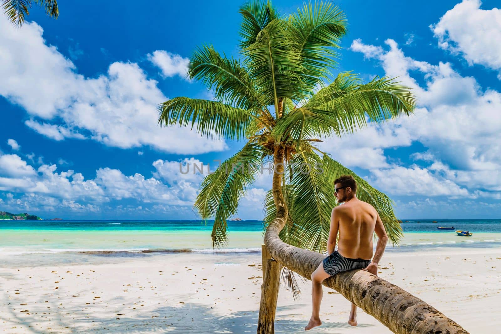 young men sitting at a palm tree on a white tropical beach Anse Volbert beach Praslin Seychelles by fokkebok