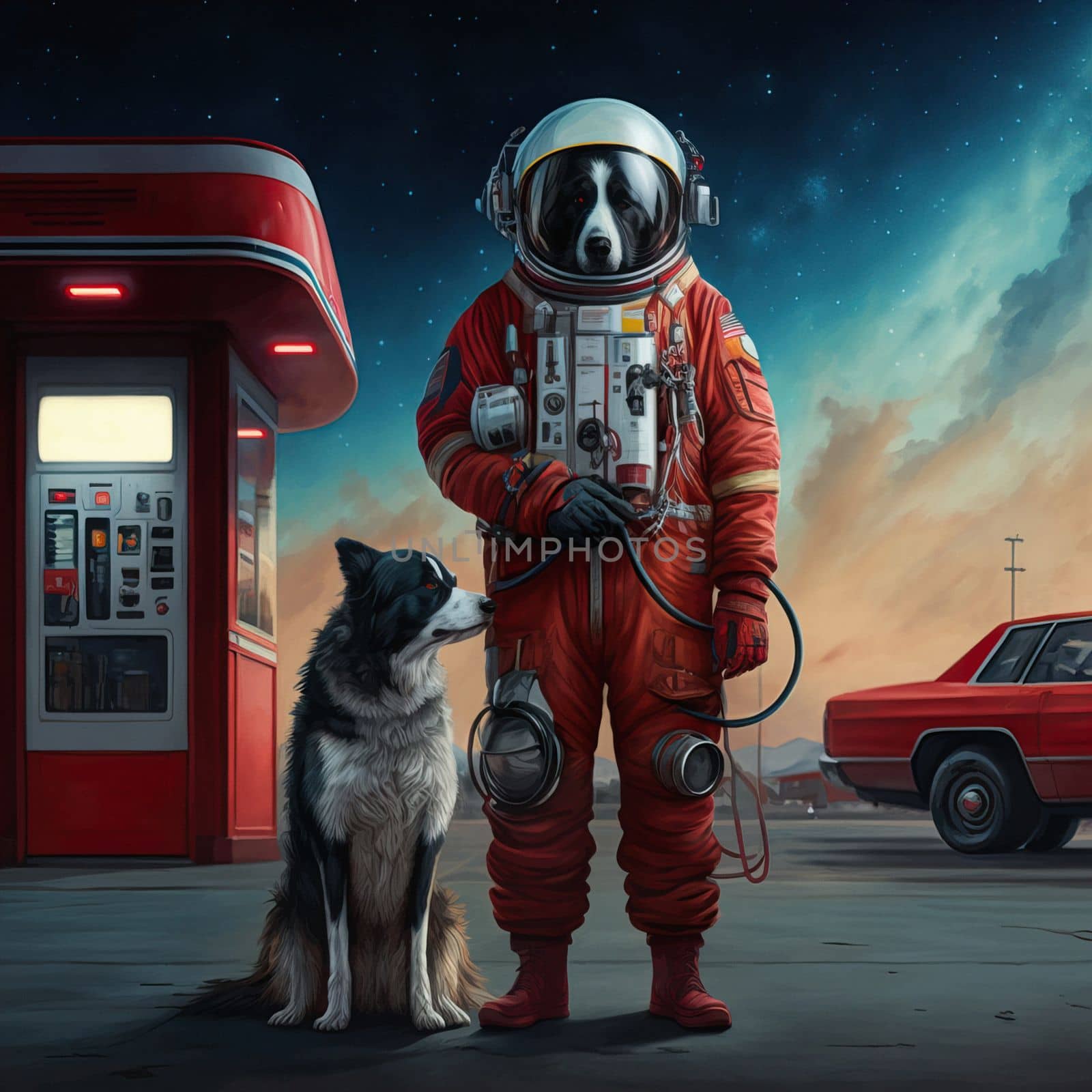 Digital artwork of dog wearing a space red suit and hold black dog at gas station. Space Dogs is a retro futuristic of a dogs on new planet by igor010