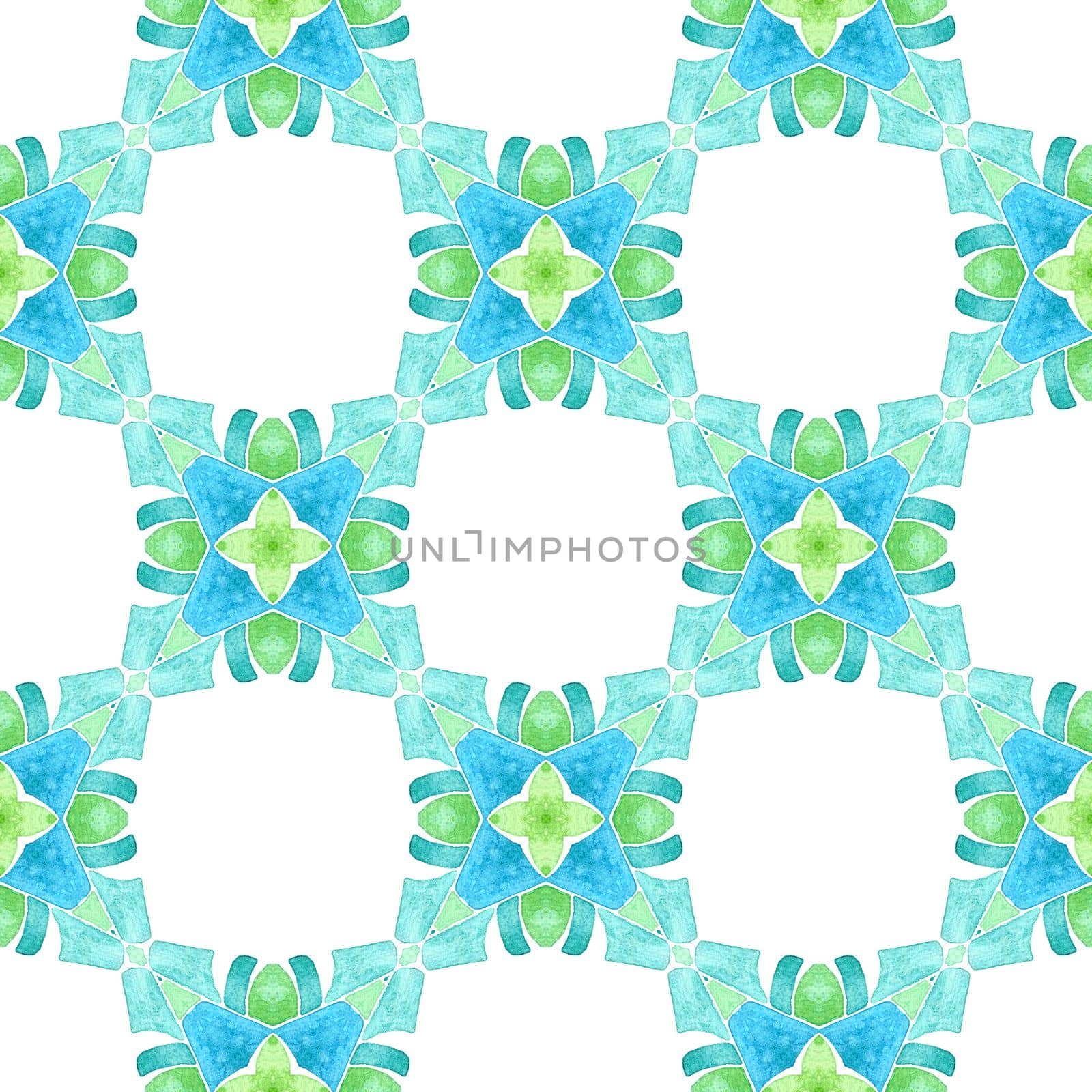 Watercolor medallion seamless border. Green lively boho chic summer design. Textile ready bold print, swimwear fabric, wallpaper, wrapping. Medallion seamless pattern.