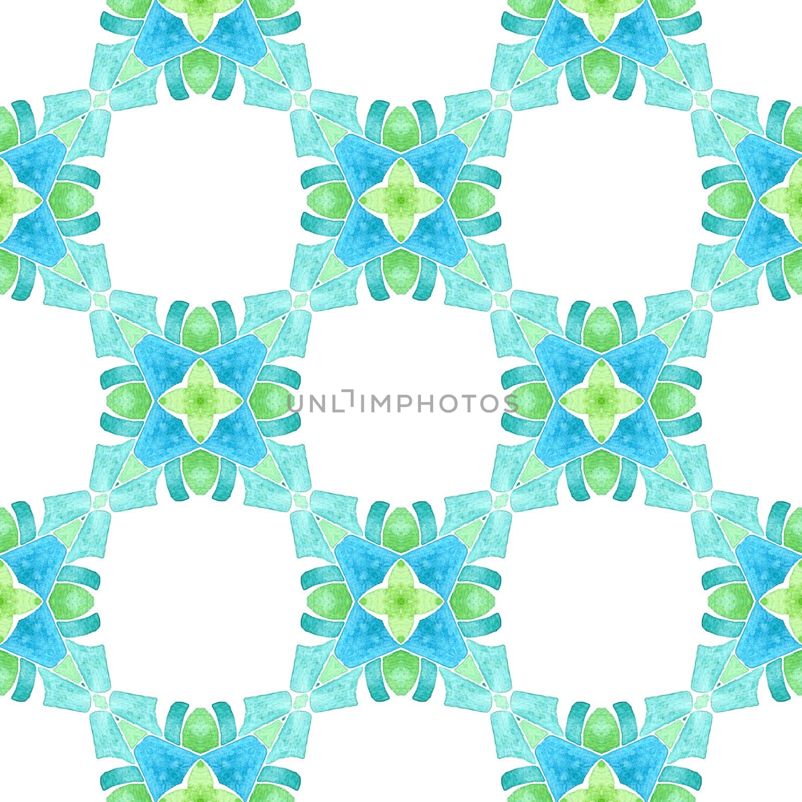 Watercolor medallion seamless border. Green lively boho chic summer design. Textile ready bold print, swimwear fabric, wallpaper, wrapping. Medallion seamless pattern.