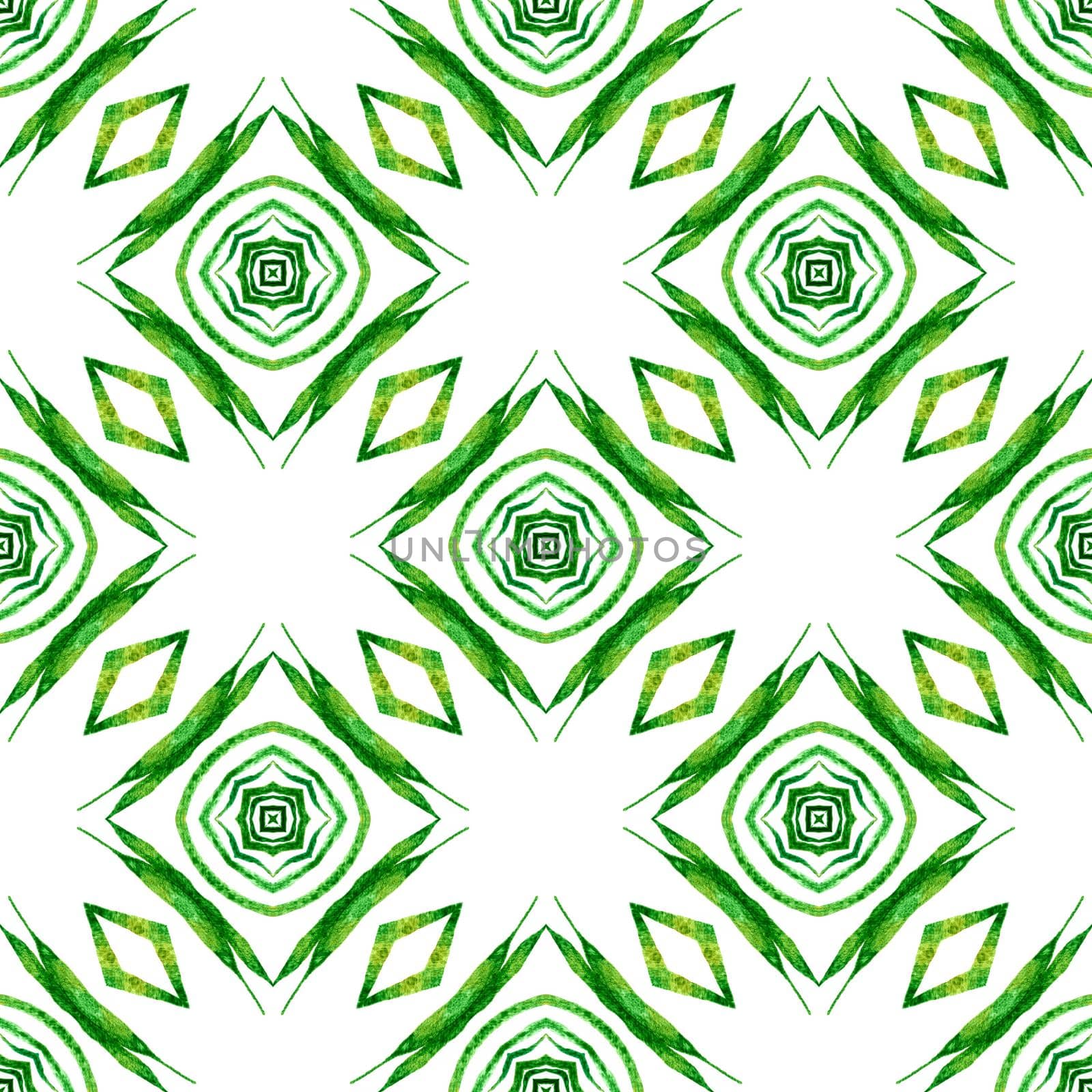 Textile ready sightly print, swimwear fabric, wallpaper, wrapping. Green nice boho chic summer design. Tiled watercolor background. Hand painted tiled watercolor border.