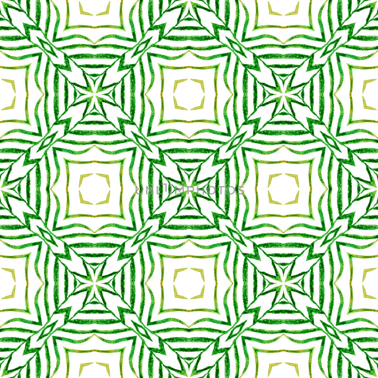 Ikat repeating swimwear design. Green curious boho chic summer design. Textile ready astonishing print, swimwear fabric, wallpaper, wrapping. Watercolor ikat repeating tile border.