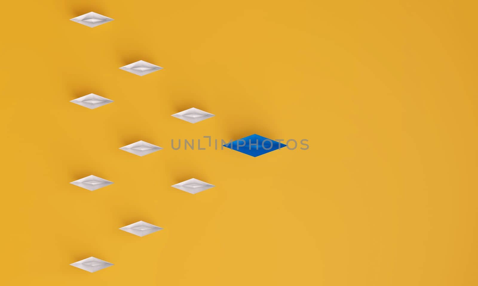 Top view of Paper boat leads blue followed by other white boat on a yellow background. Social media or internet followers concept. 3D rendering.