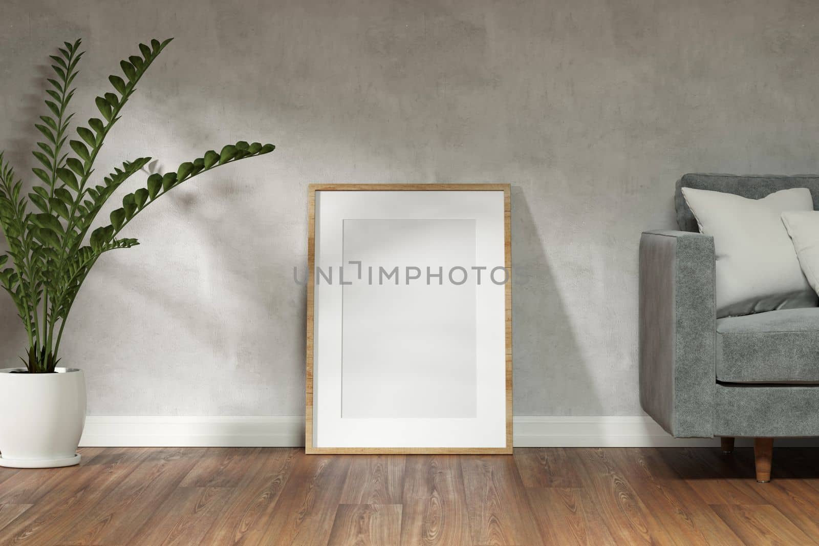 Mockup frame on empty white room with plant and wood floor. modern minimal style. by ImagesRouges