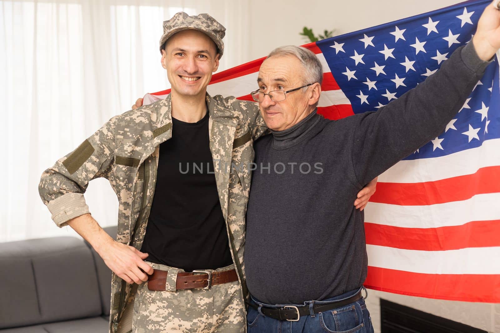 an elderly father and a military son, American flag by Andelov13