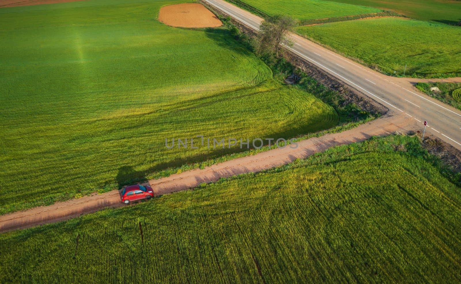 Aerial view of landfields. top view from drone of highway searching paths and lines.