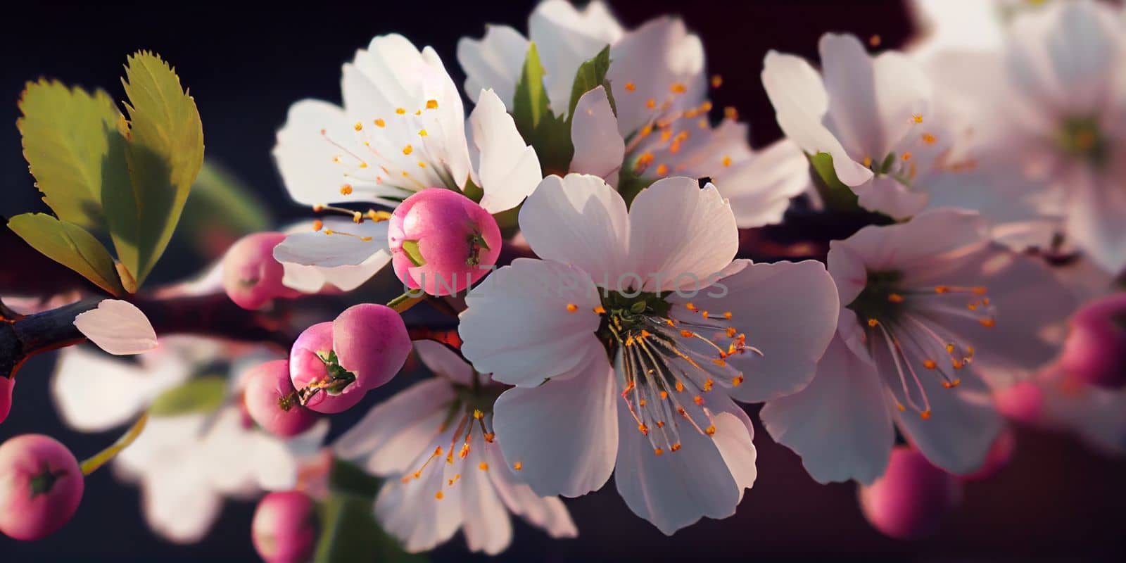 Cherry Blossom or Sakura flower on nature background, macro, close-up view. Ai Generative by lucia_fox