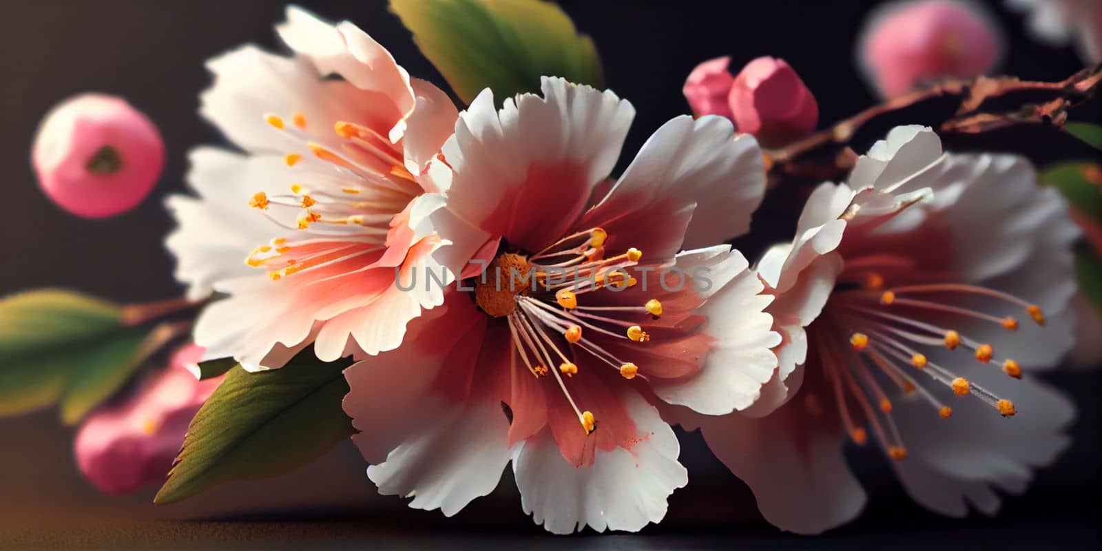 Cherry Blossom or Sakura flower on nature background, macro, close-up view. Ai Generative.