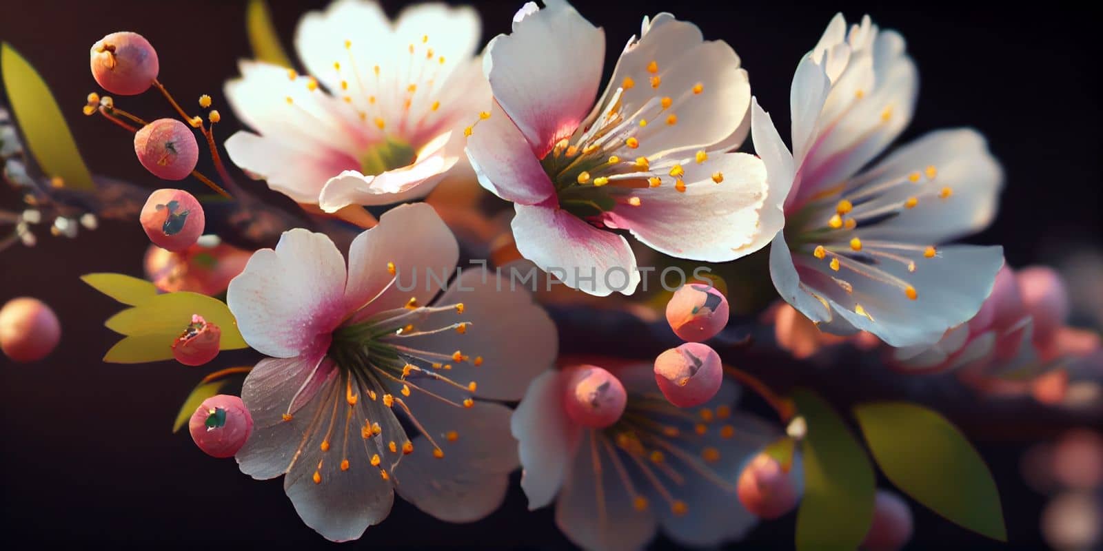 Cherry Blossom or Sakura flower on nature background, macro, close-up view. Ai Generative by lucia_fox