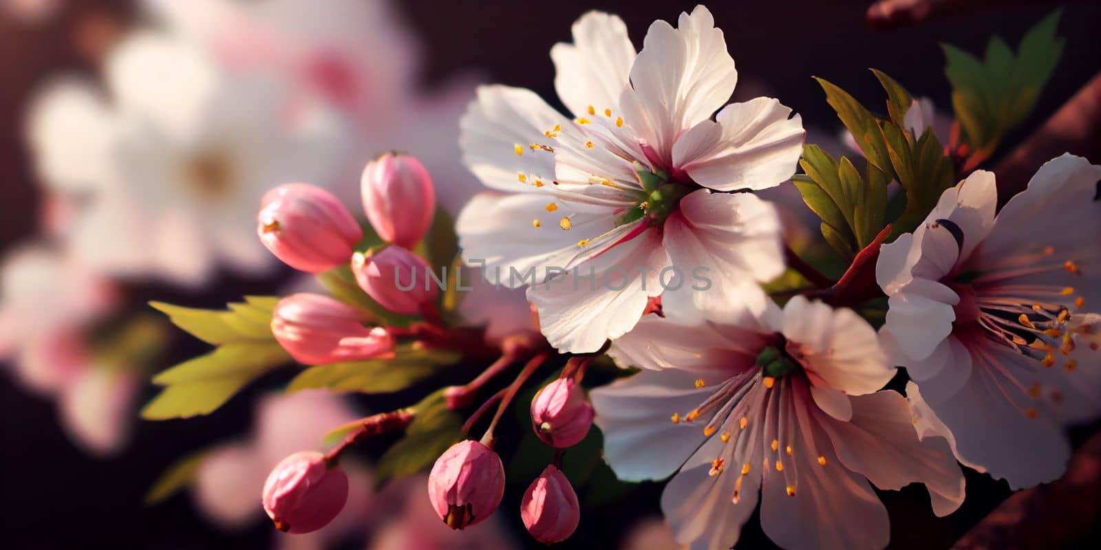 Cherry Blossom or Sakura flower on nature background, macro, close-up view. Ai Generative by lucia_fox
