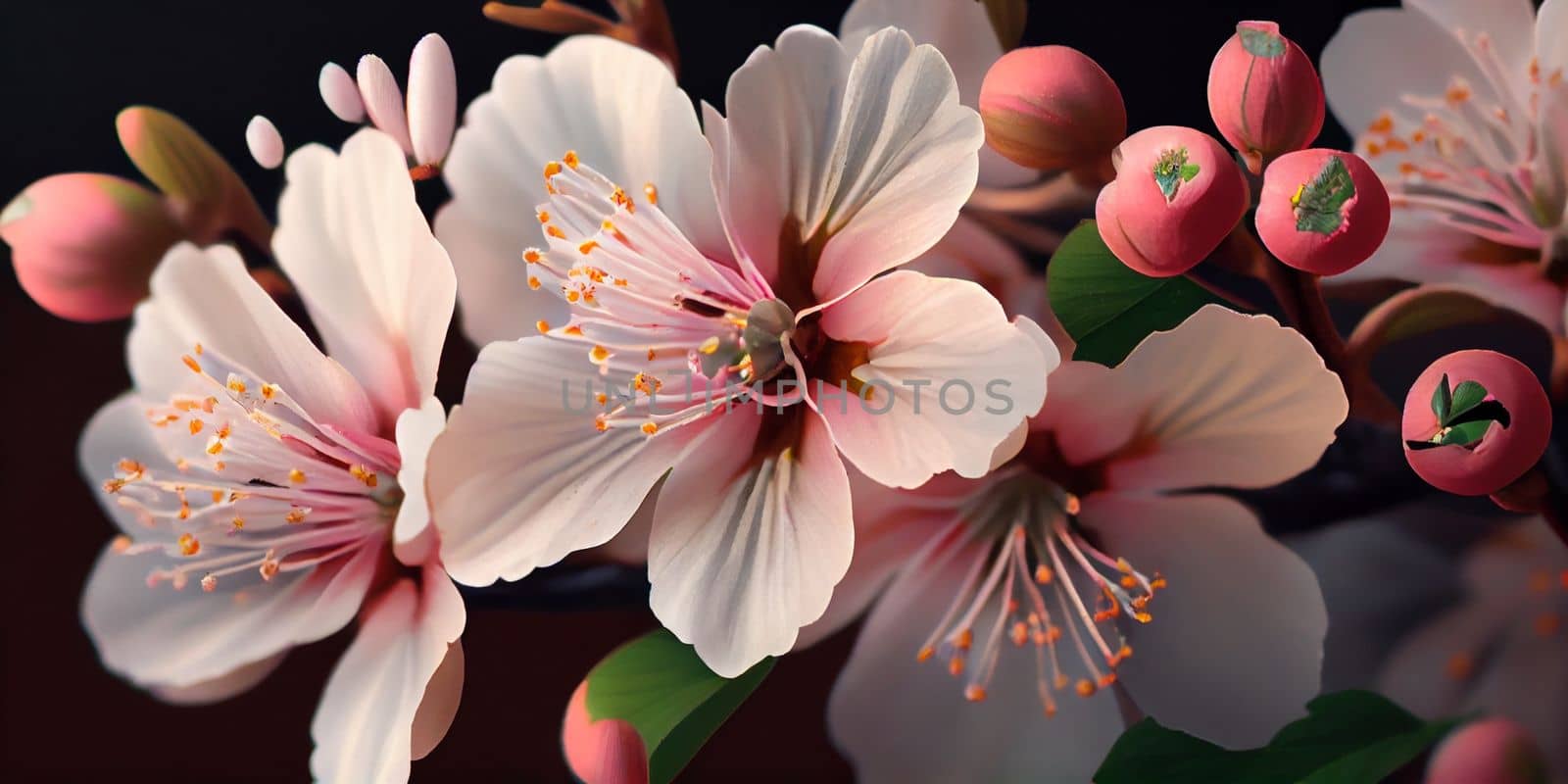 Cherry Blossom or Sakura flower on nature background, macro, close-up view. Ai Generative by lucia_fox