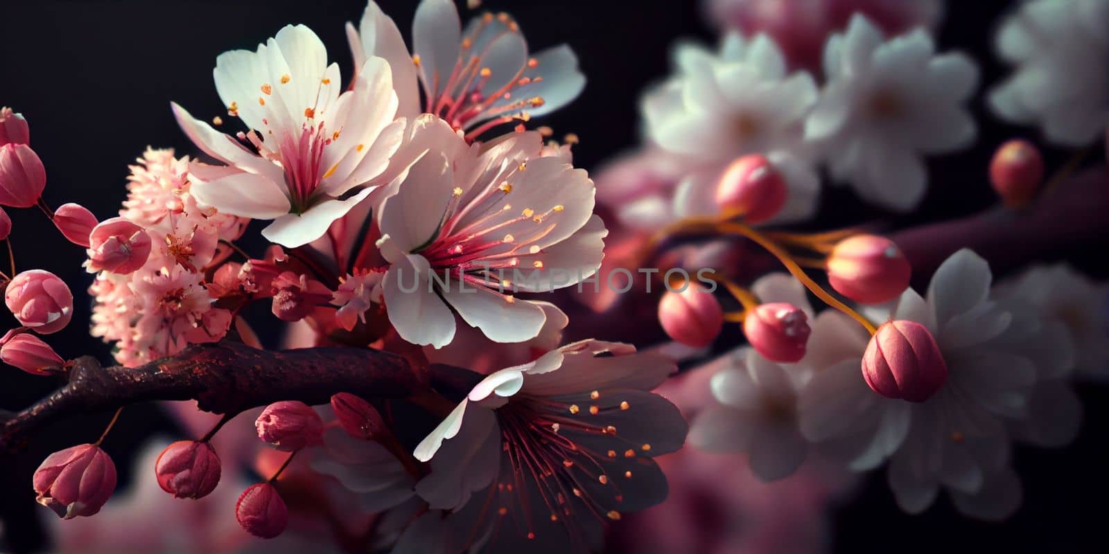 Cherry Blossom or Sakura flower on nature background, macro, close-up view. Ai Generative by lucia_fox