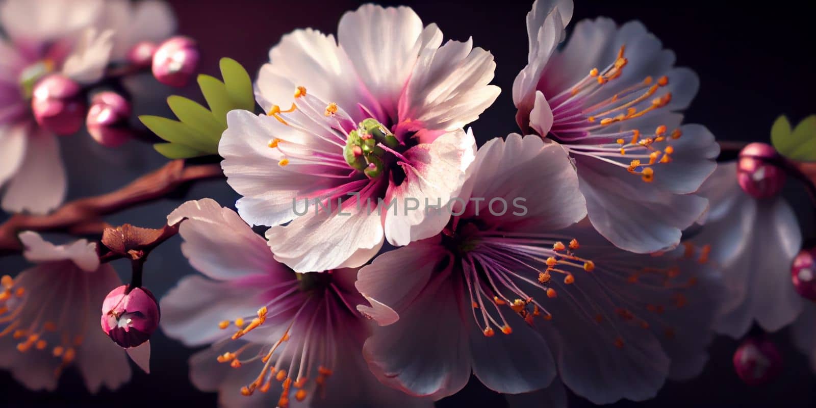 Cherry Blossom or Sakura flower on nature background, macro, close-up view. Ai Generative by lucia_fox