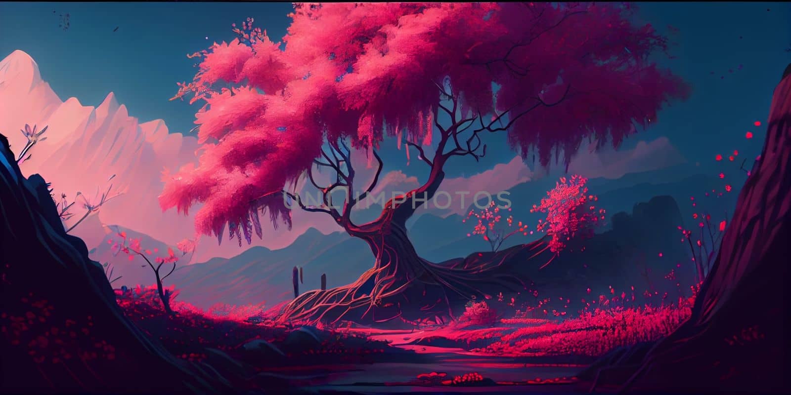 Japan Asian scenic landscape wallpaper with cherry trees Mount Fuji background anime style. Ai Generative.