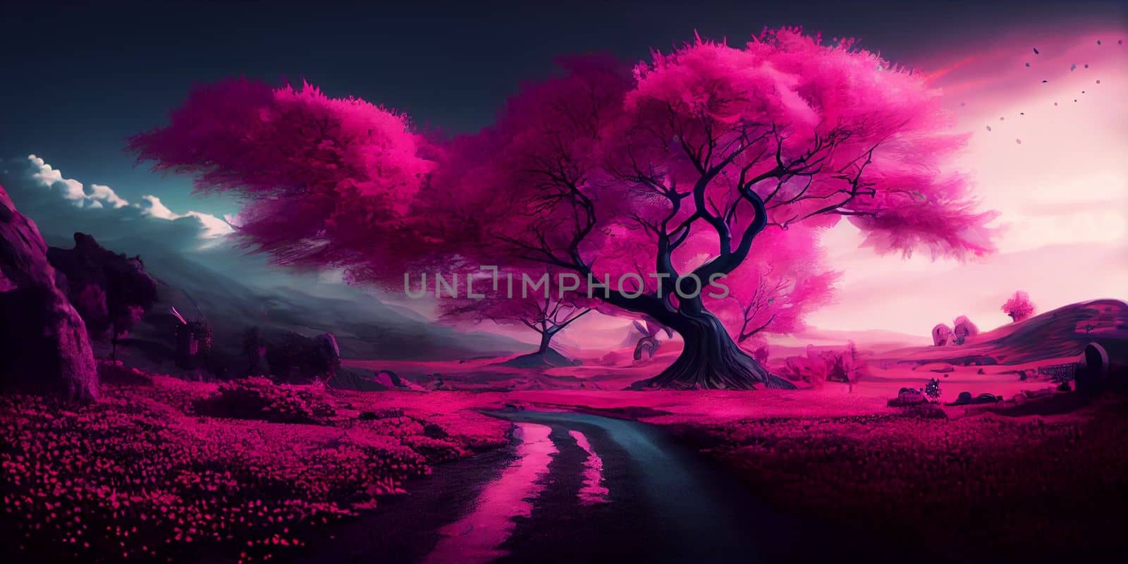 Japan Asian scenic landscape wallpaper with cherry trees Mount Fuji background anime style. Ai Generative.