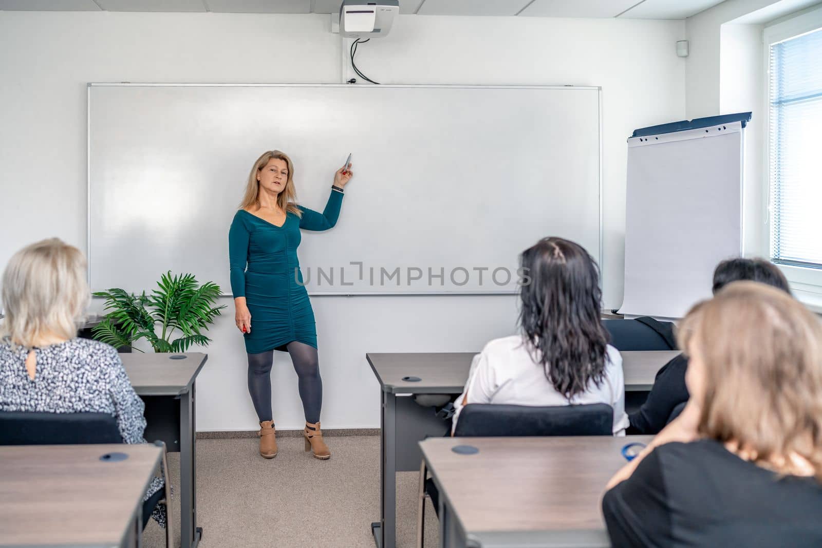 the lecturer gives a lecture in front of the whiteboard at the training by Edophoto