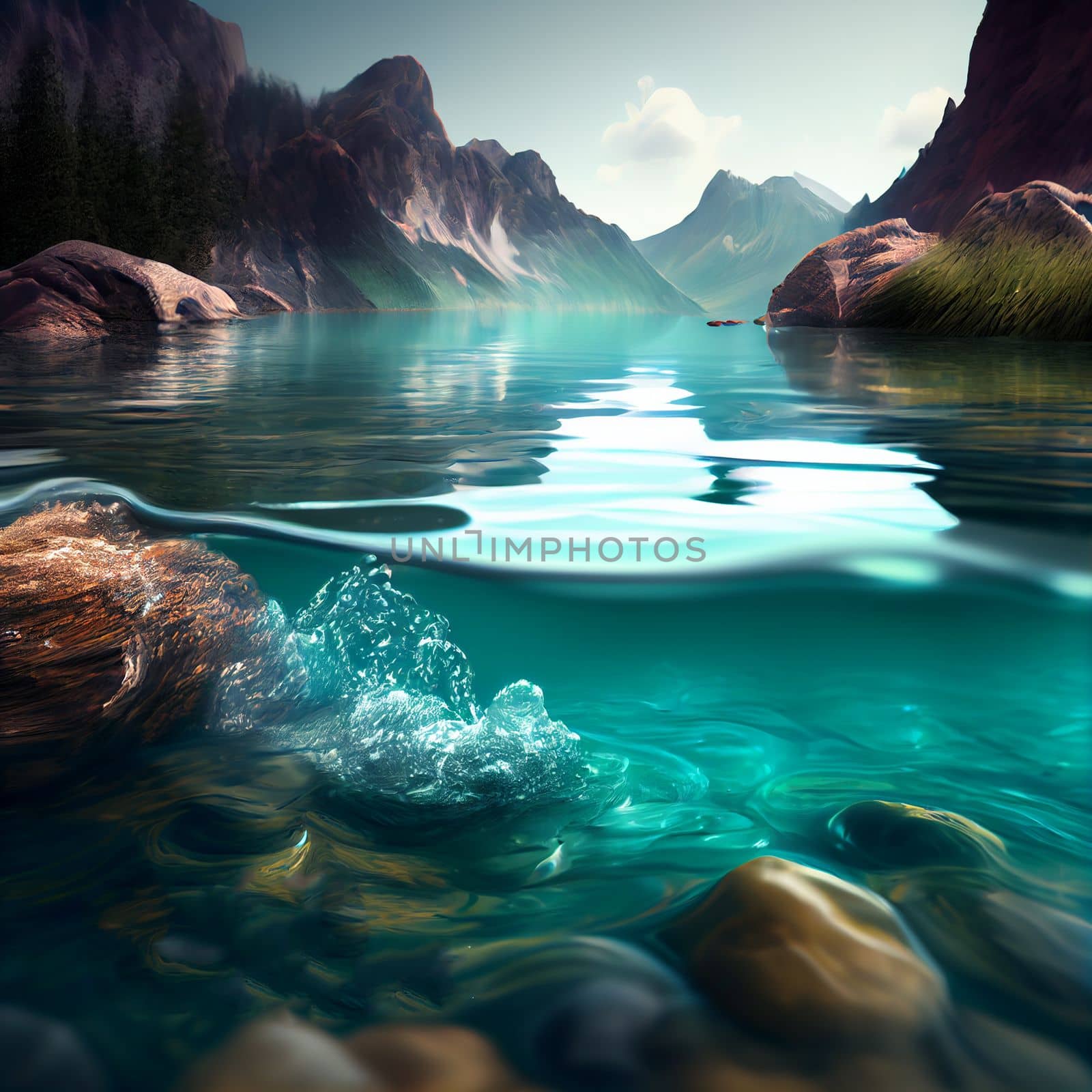 Water spring on mountains background. Clear streams of mountain water. Ai generative.
