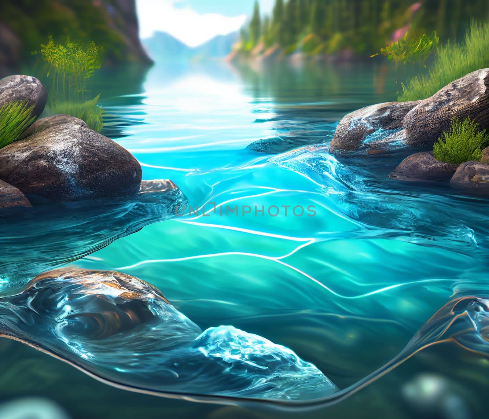 Water spring on mountains background. Clear streams of mountain water. Ai generative.