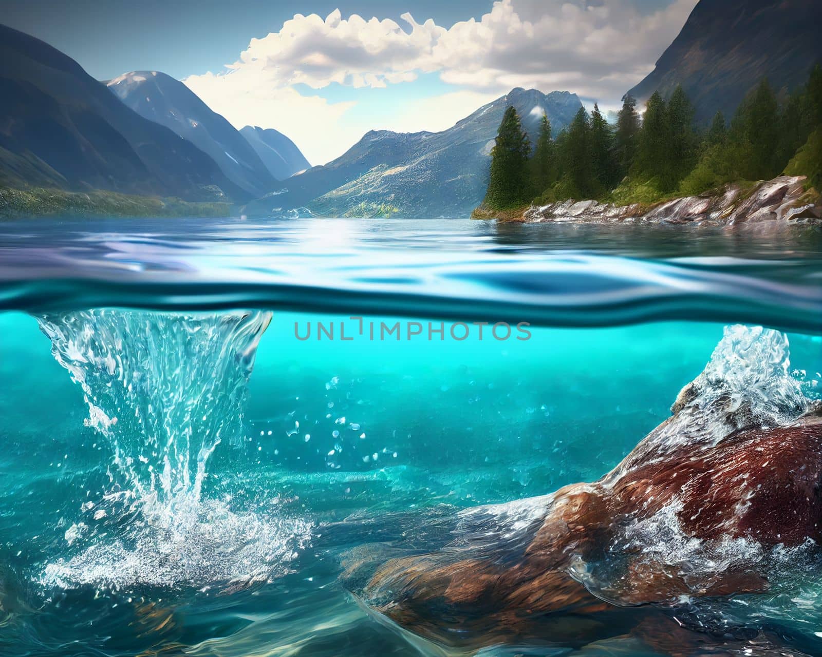 Water spring on mountains background. Clear streams of mountain water. Ai generative by lucia_fox
