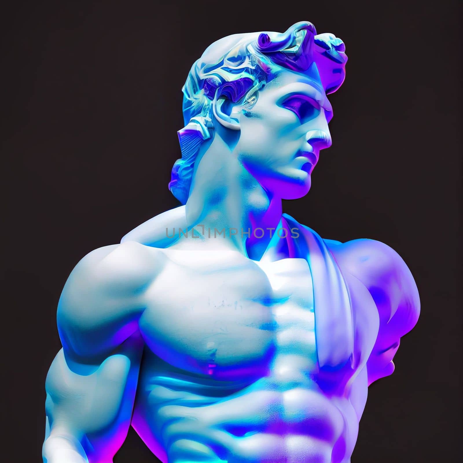 Statue neon. Gypsum statue with ancient greek sculpture . Webpunk, vaporwave, syntwave. Generative Ai.