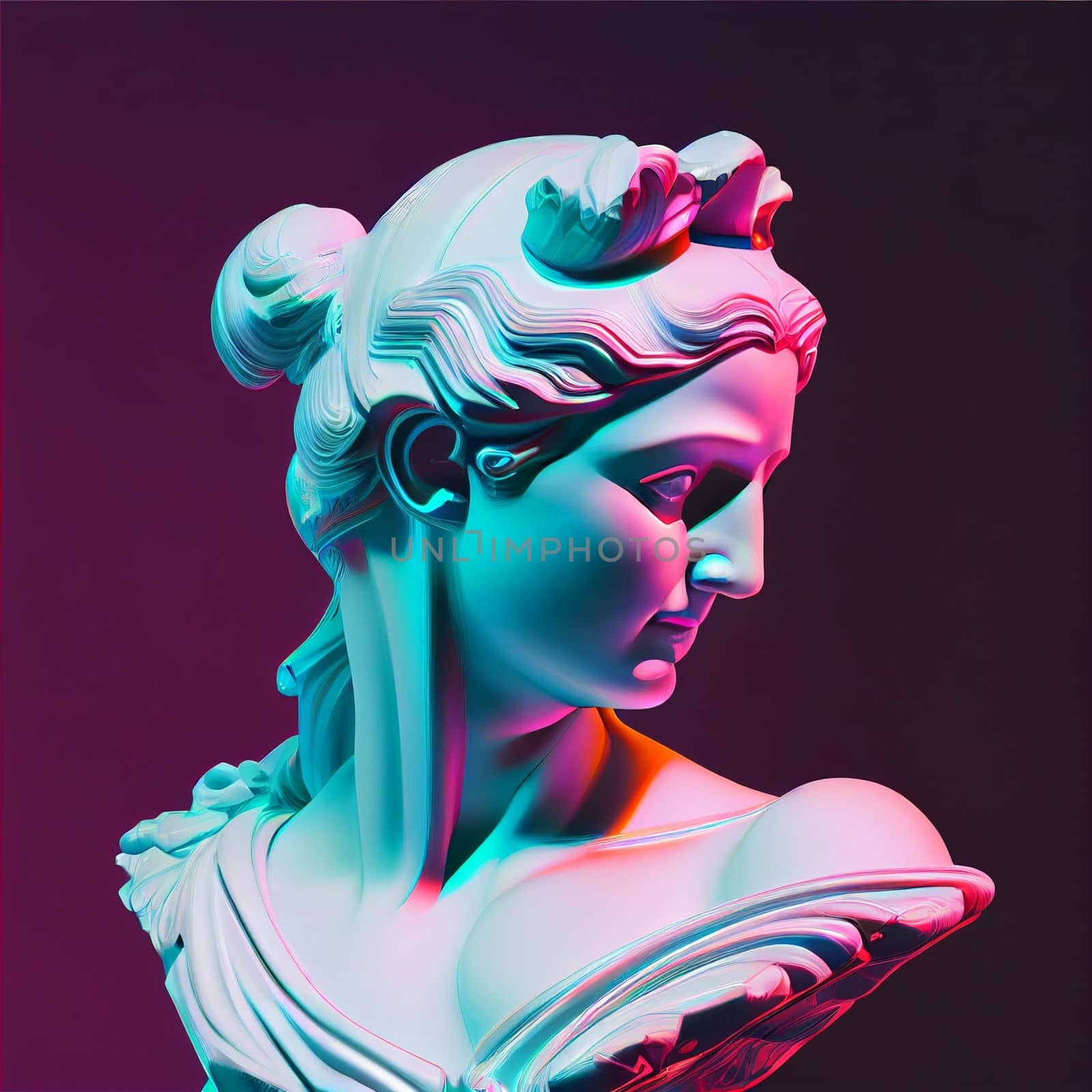 Statue neon. Gypsum statue with ancient greek sculpture . Webpunk, vaporwave, syntwave. Generative Ai.