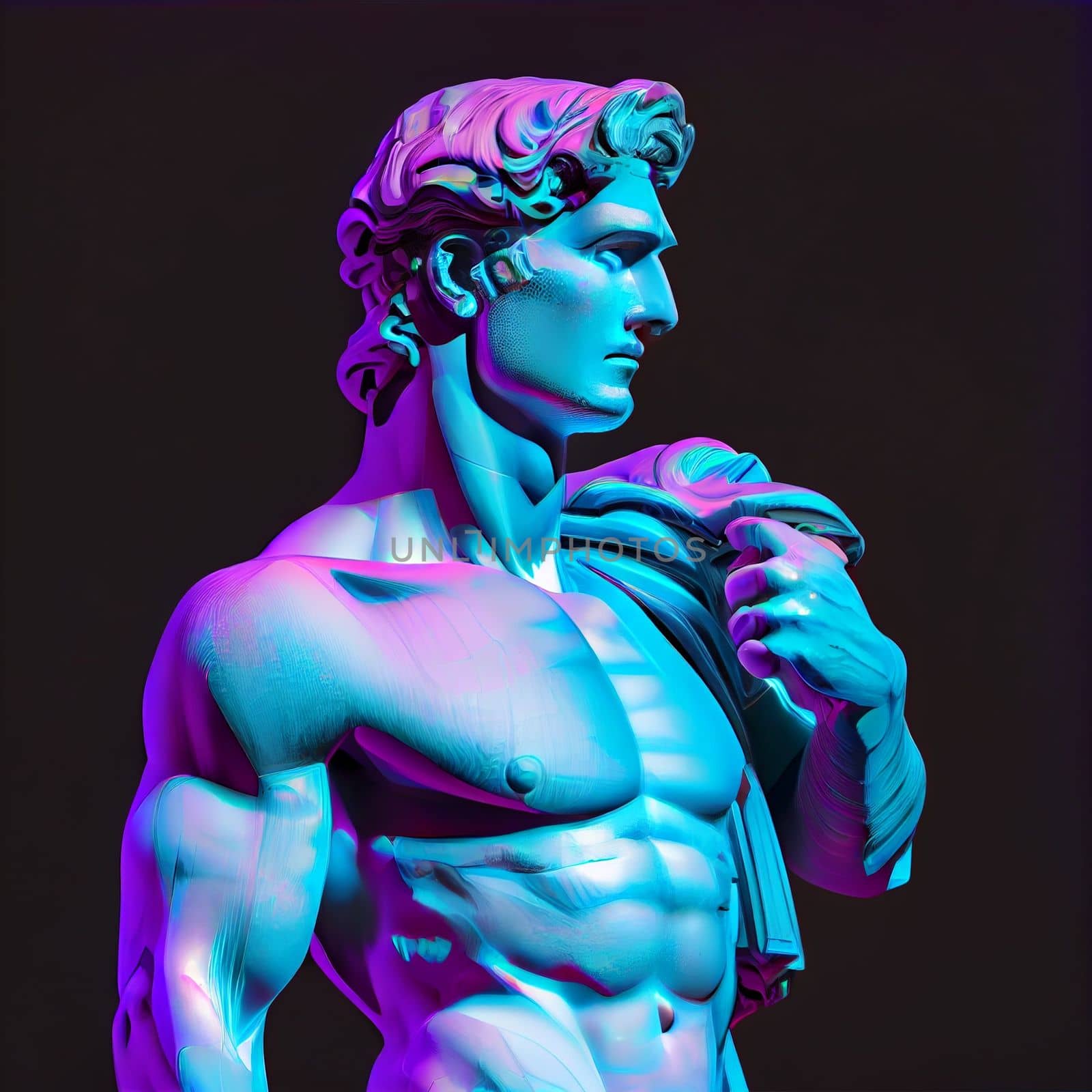 Statue neon. Gypsum statue with ancient greek sculpture . Webpunk, vaporwave, syntwave. Generative Ai.