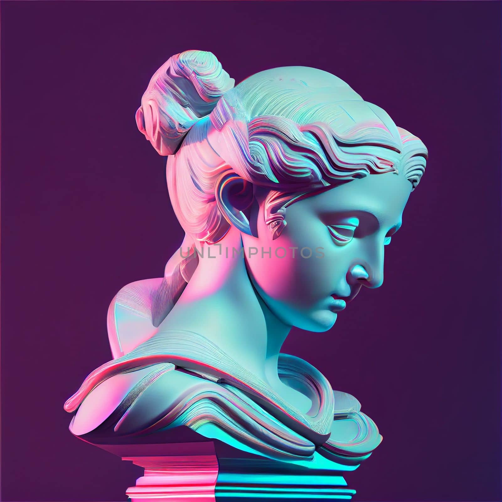 Statue neon. Gypsum statue with ancient greek sculpture . Webpunk, vaporwave, syntwave. Generative Ai.