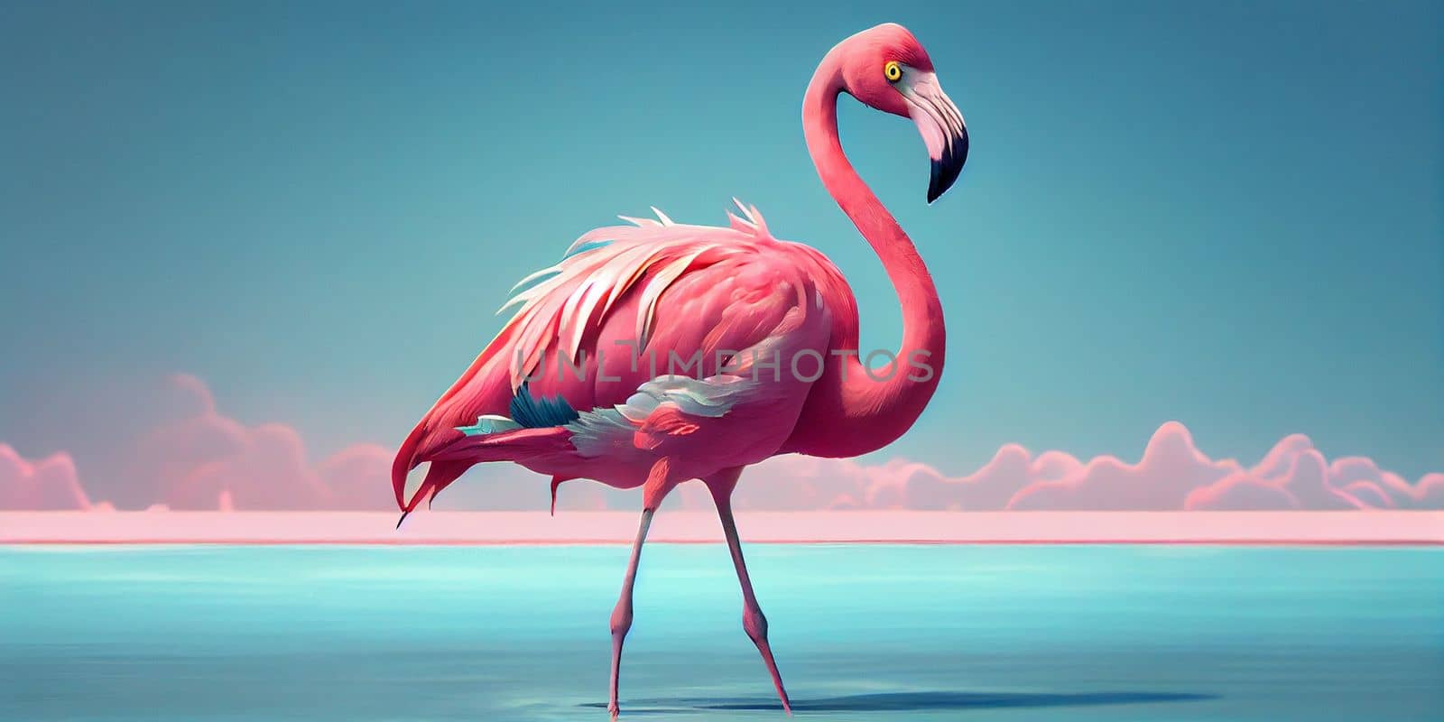 Pink Flamingo. Wildlife animal scene from nature. Flamingo in nature habitat. Beautiful water bird. Ai Generative by lucia_fox