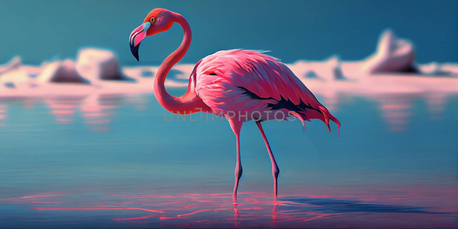 Pink Flamingo. Wildlife animal scene from nature. Flamingo in nature habitat. Beautiful water bird. Ai Generative.