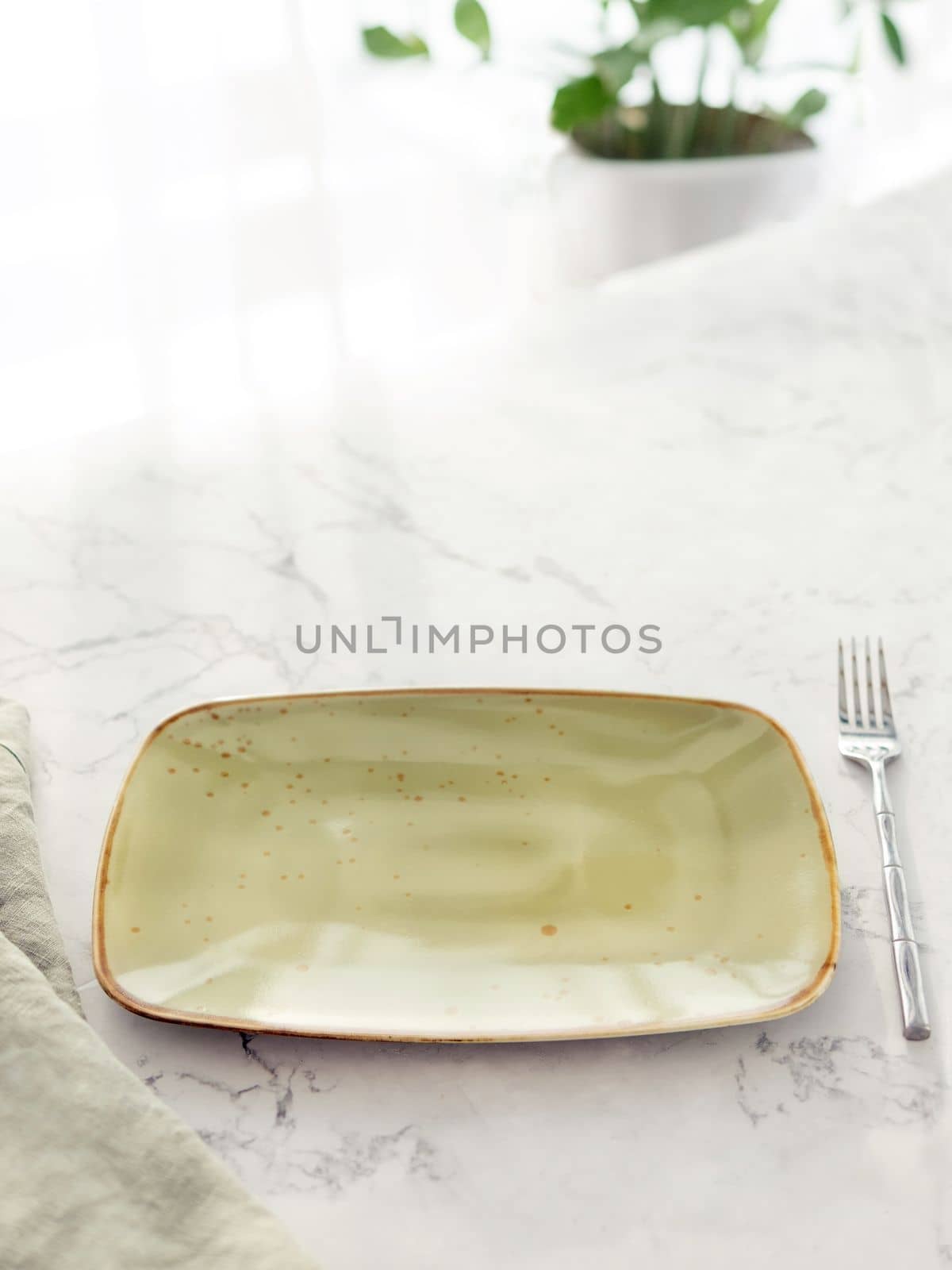 Closeup of empty green rectangular plate with fork on white marble table in front of window
