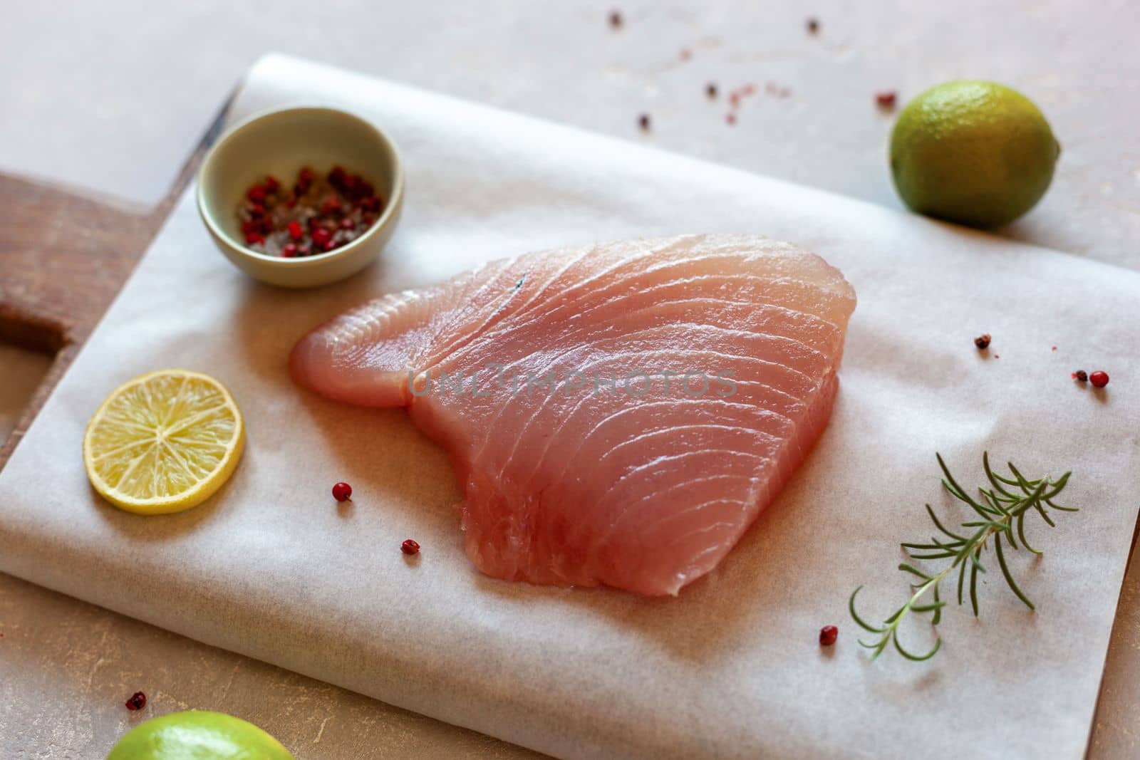 raw piece of tuna albacore, side view