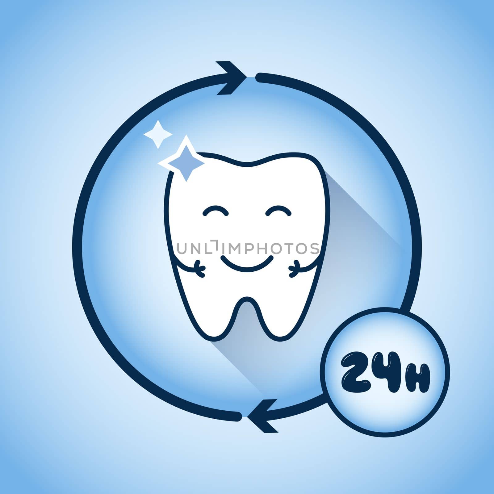 Cute happy tooth blue round icon, long shadow, flat vector illustration. Clean tooth with 24-hour protection conceptual symbol. Cartoon dental character.