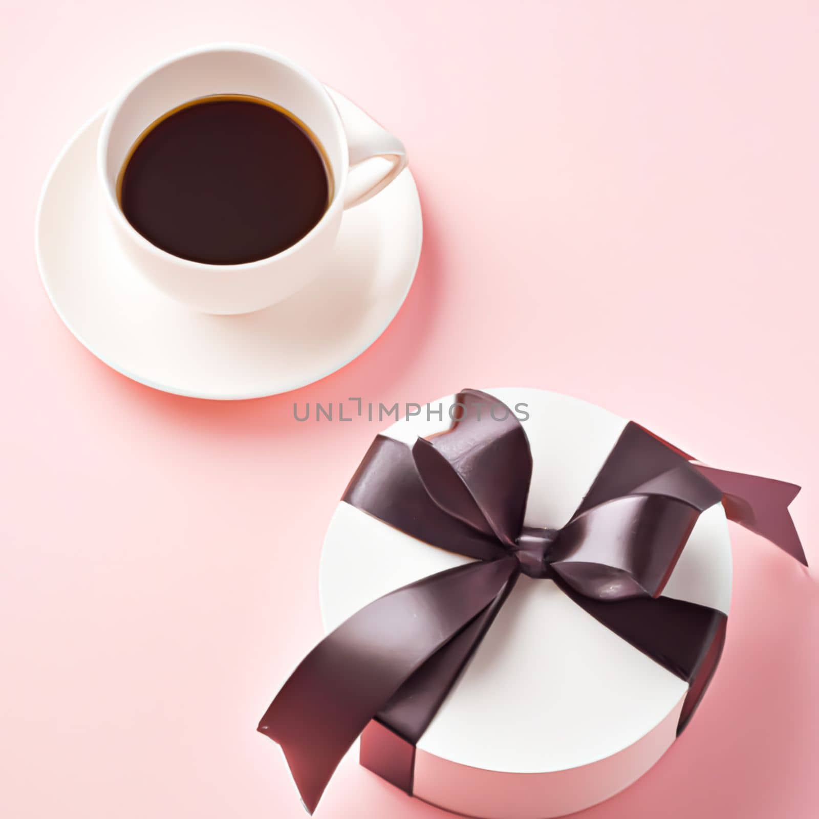 Luxury holiday gift box and cup of coffee on pink background, generative AI.