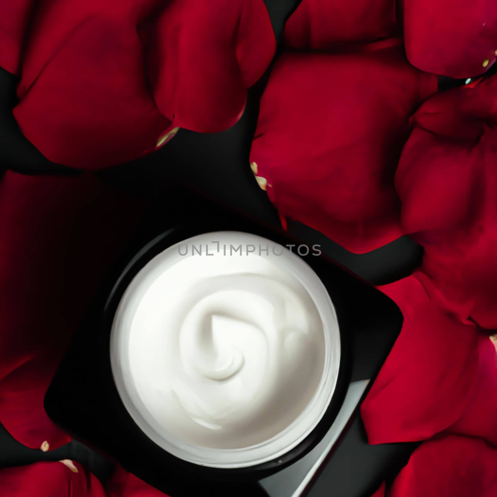 Skincare luxury face cream jar on red rose petals background, generative AI.
