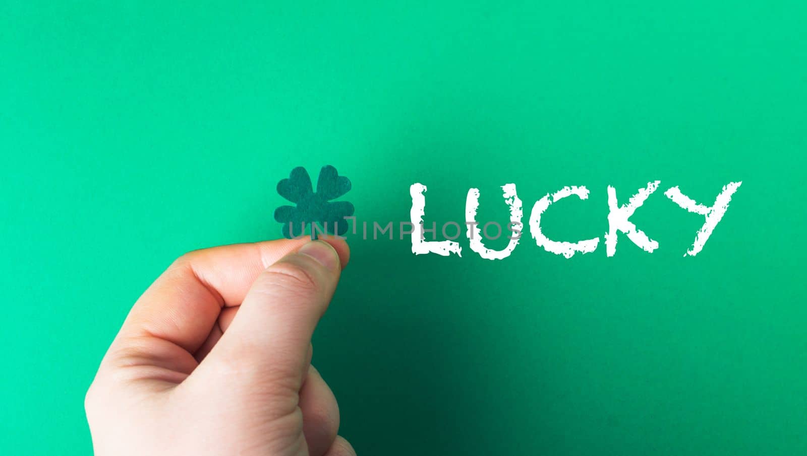 clover for good luck in a male hand on a green background with space for text. High quality photo