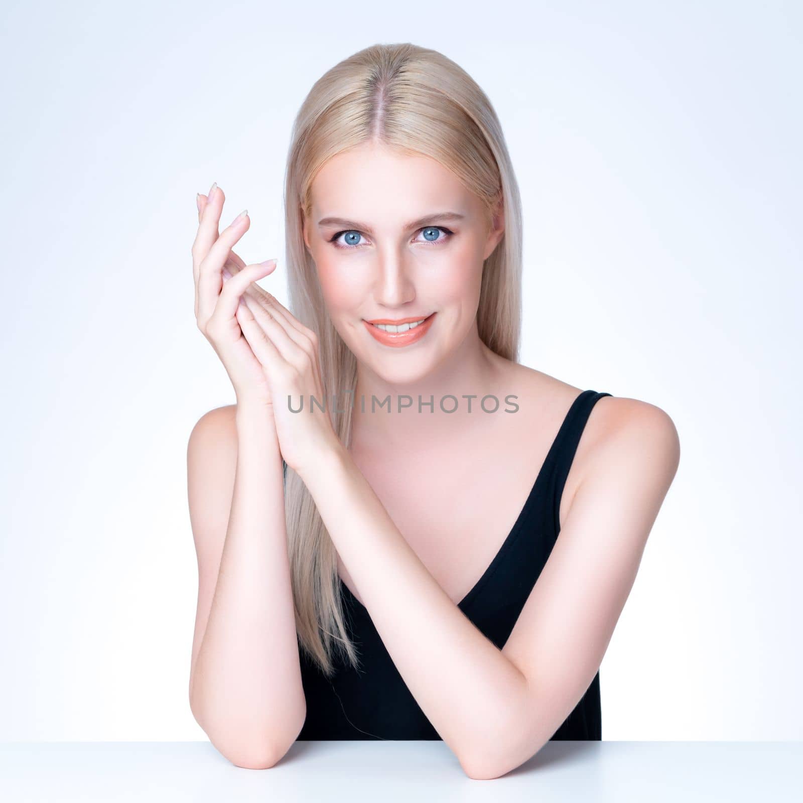 Pretty personable beautiful woman portrait with perfect smooth clean skin and natural makeup portrait in isolated background. Hand gesture with expressive facial expression for beauty model concept.
