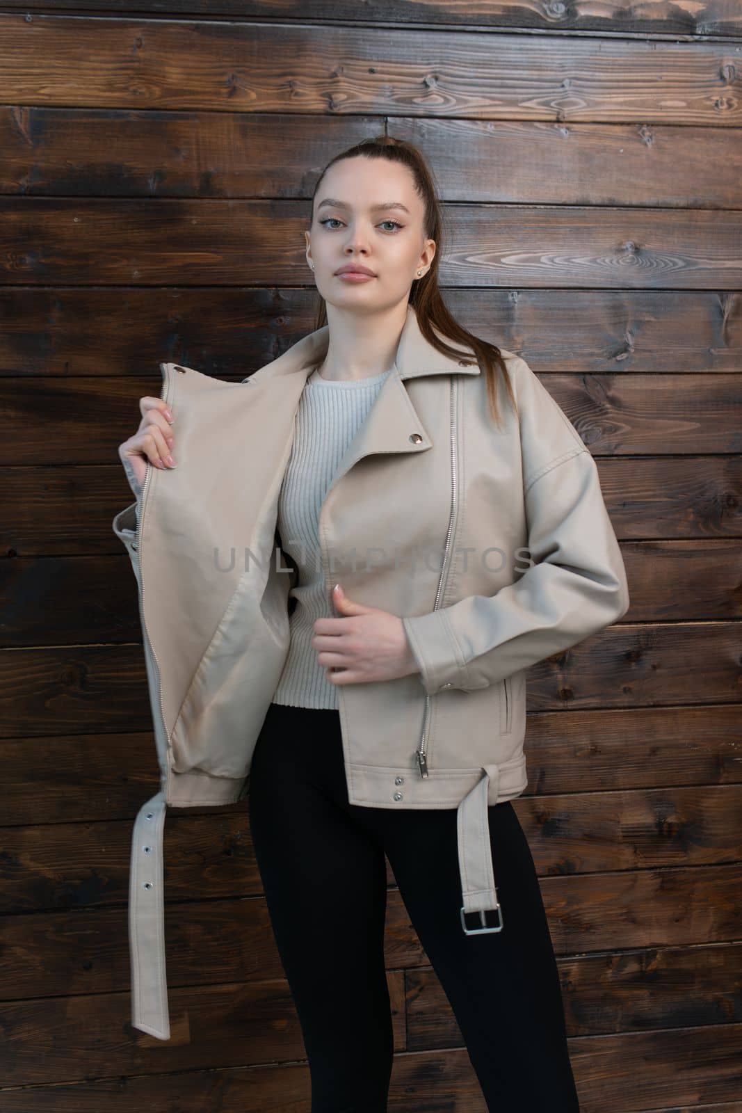 style female beige model fashion jacket woman beauty portrait young stylish leather