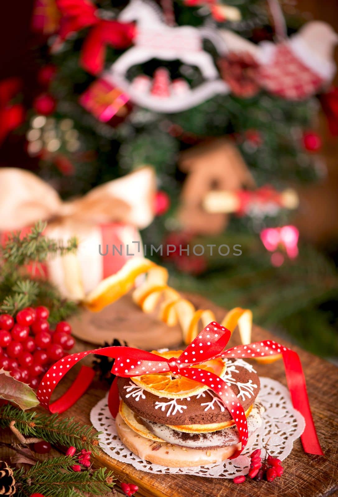 Dough ingredients and decorations on vintage planked wood table from above. Rural kitchen layout with free text space. by aprilphoto