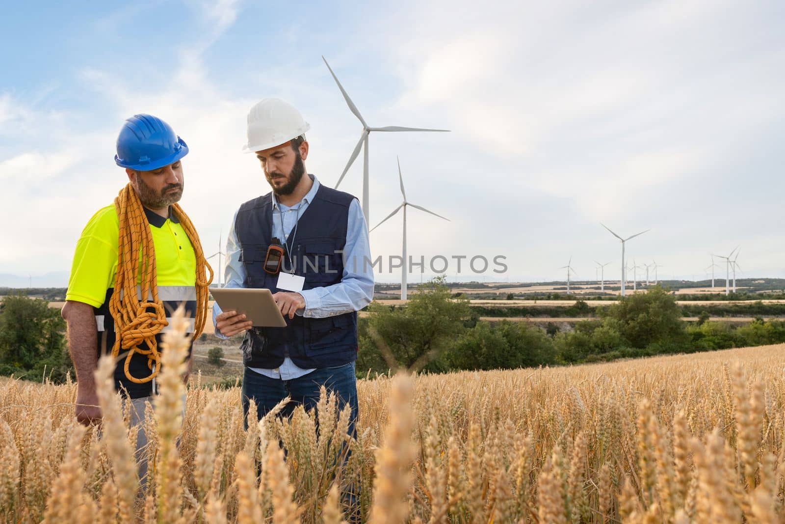 Electric engineer explaining maintenance worker plans for wind turbine farm using tablet. Copy space. Renewable energy concept.