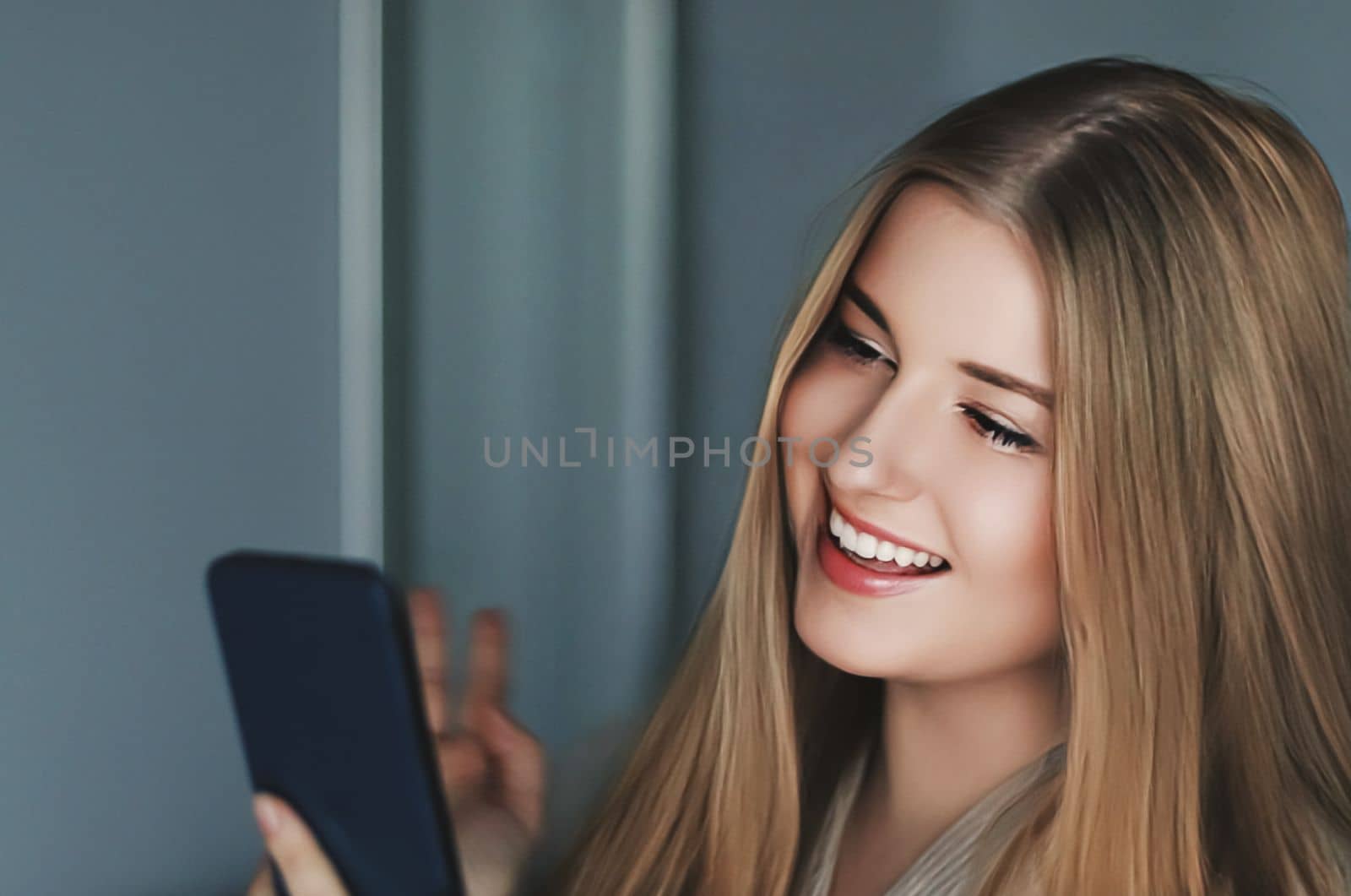 Beautiful woman having a video call and talking on mobile phone, girl doing online shopping on smartphone by Anneleven