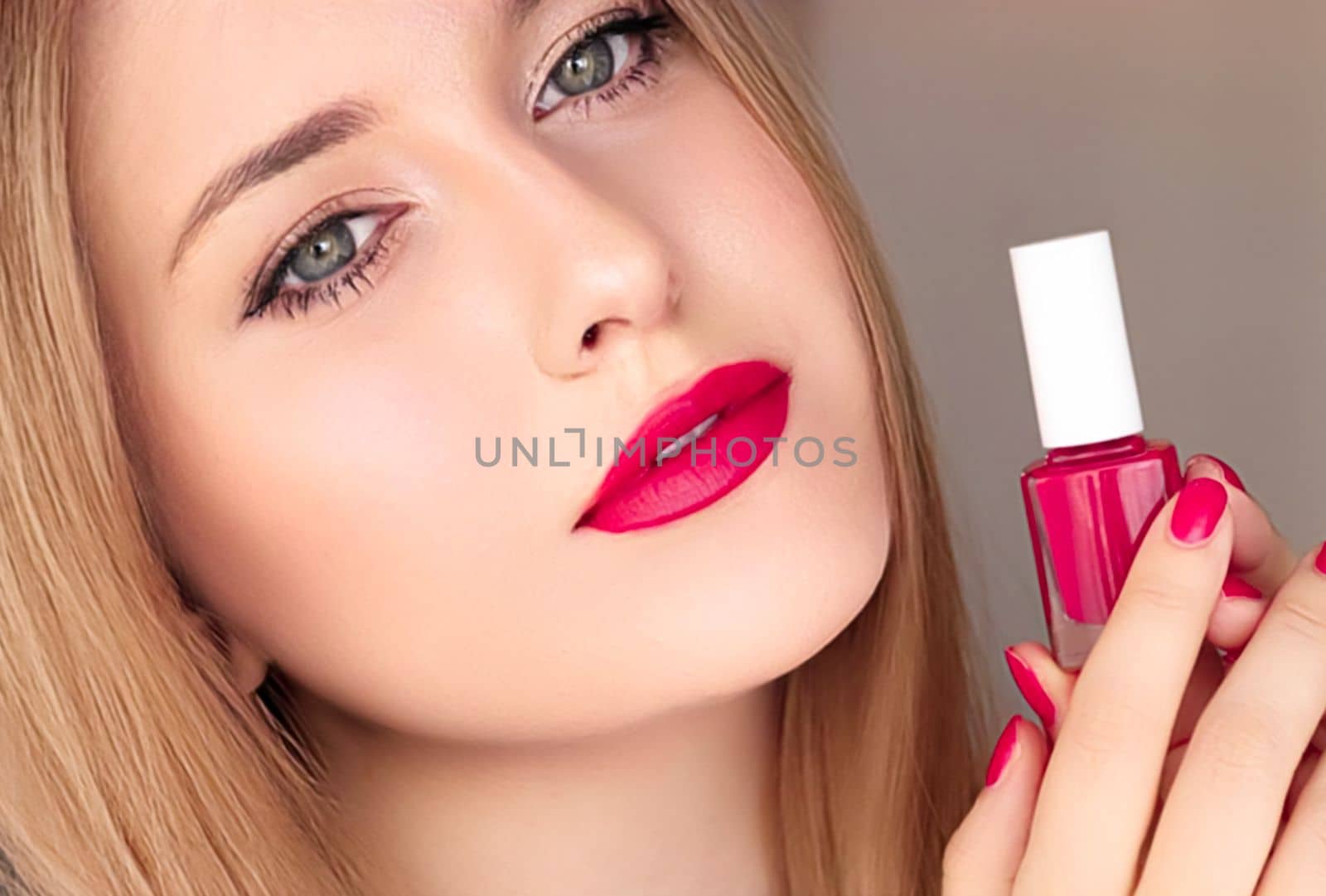 Beauty product, makeup and cosmetics, face portrait of beautiful woman with nail polish, manicure and matching pink lipstick make-up for luxury cosmetic, style and fashion by Anneleven