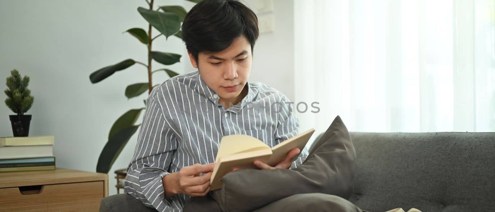 Calm asian man sitting on a comfortable couch and reading book, spending leisure weekend time at home.