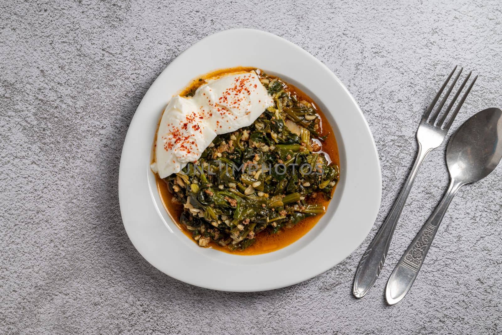 Traditional Turkish spinach meal with rice and minced meat with yogurt on a white porcelain plate by Sonat