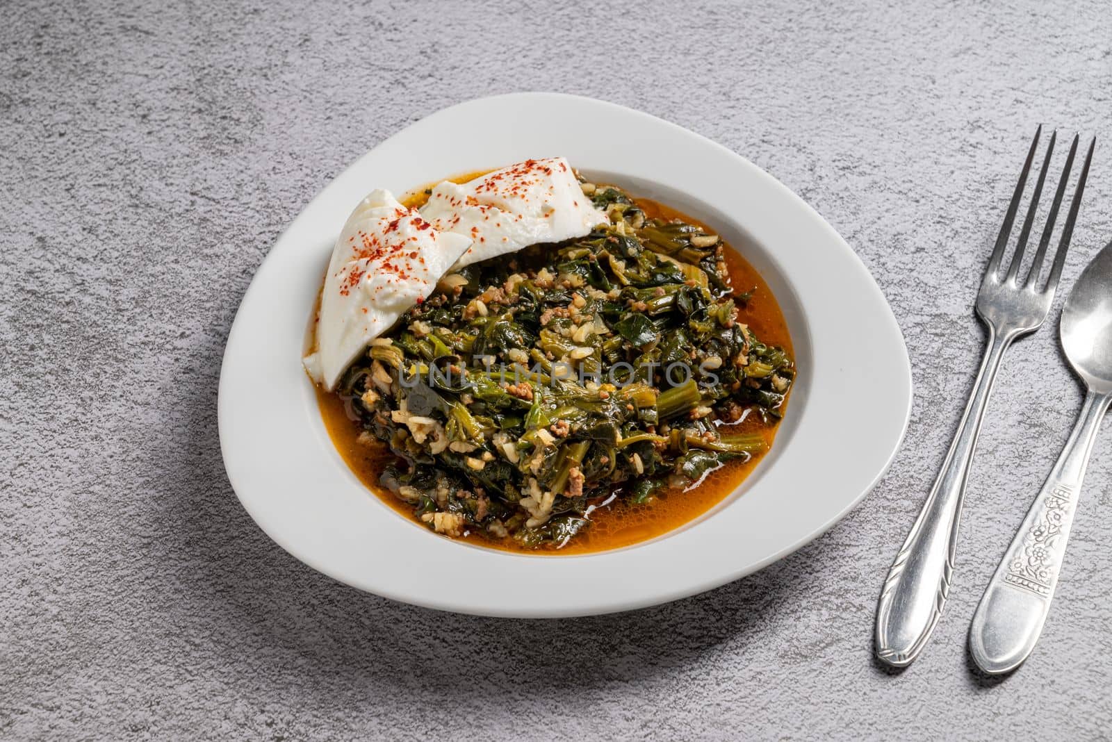 Traditional Turkish spinach meal with rice and minced meat with yogurt on a white porcelain plate