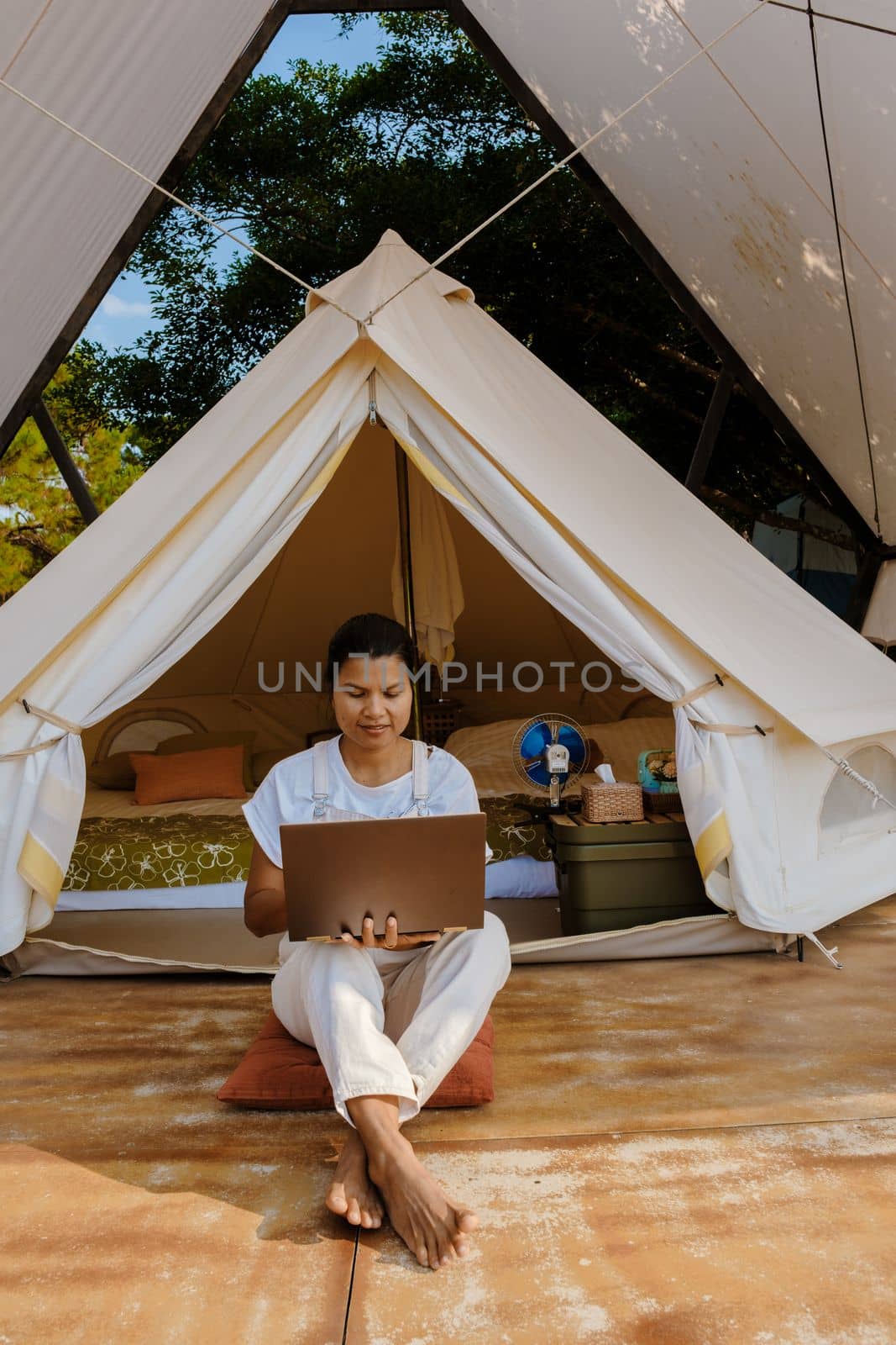 Young Asian woman freelancer traveler working online using a laptop and enjoying the beautiful natural landscape in front of a tent. Digital nomad working on a laptop, remote working