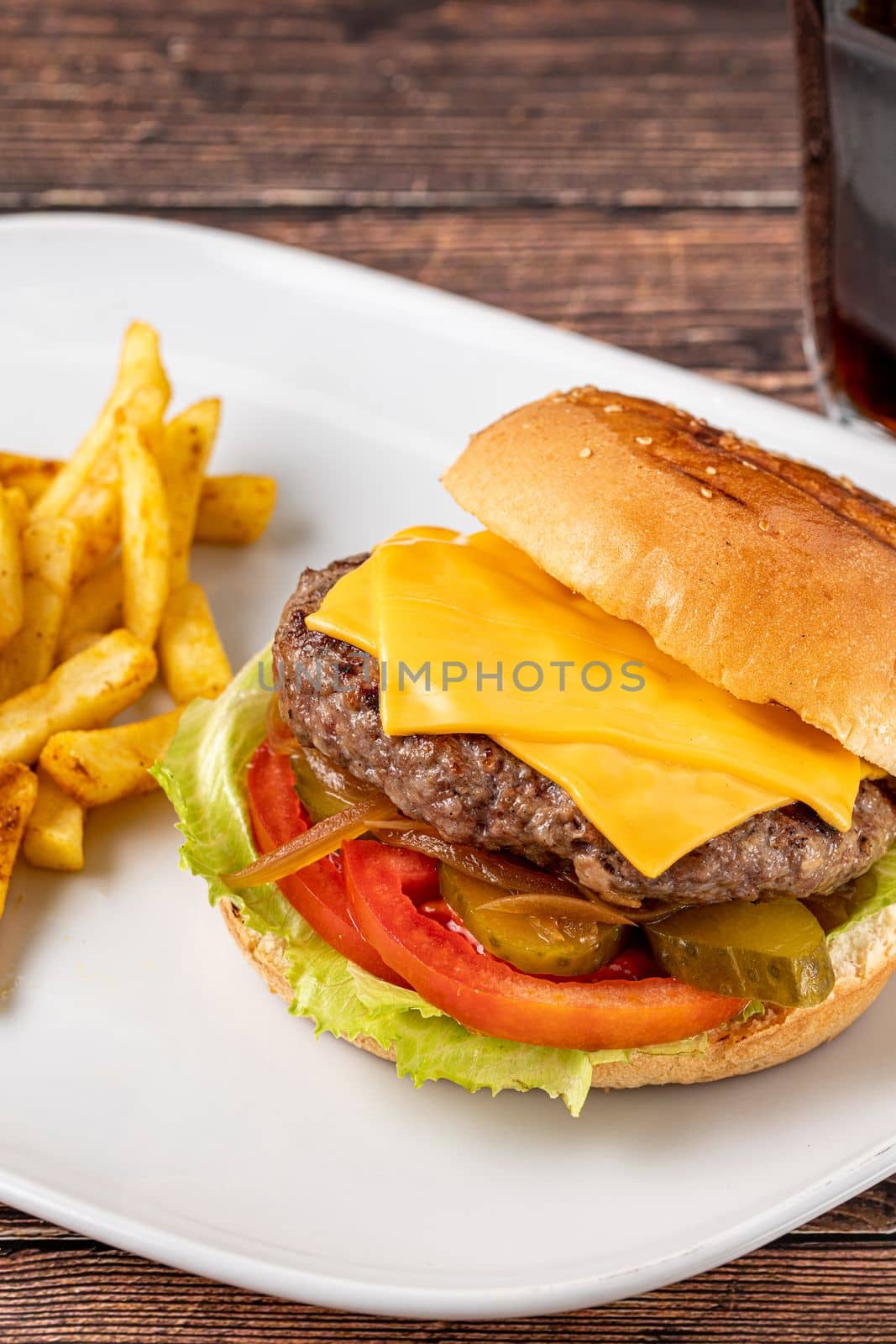 Cheeseburger with Tomatoes and Pickles with French Fries and Ketchup by Sonat