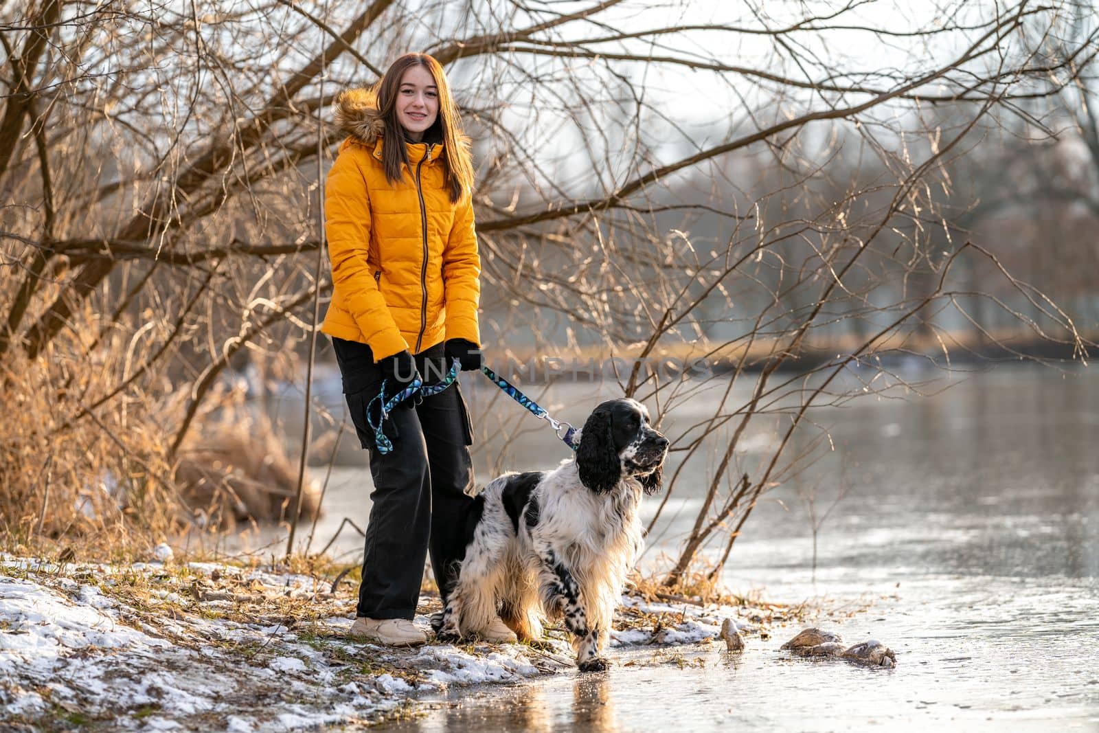 a girl with a dog by a frozen lake. english setter. High quality photo