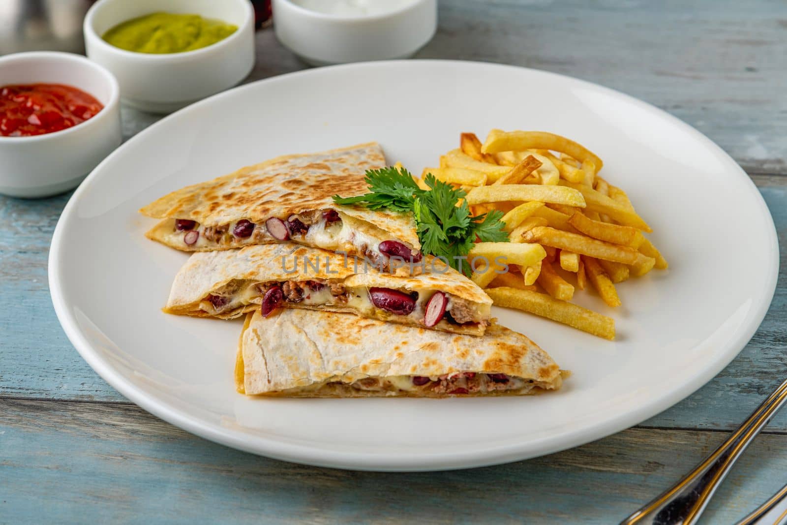 Mexican quesadilla with sauce and french fries on a white porcelain plate