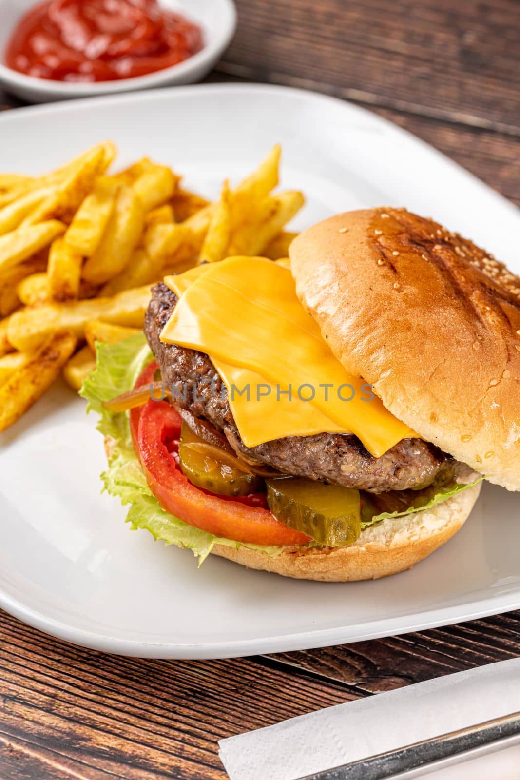 Cheeseburger with Tomatoes and Pickles with French Fries and Ketchup